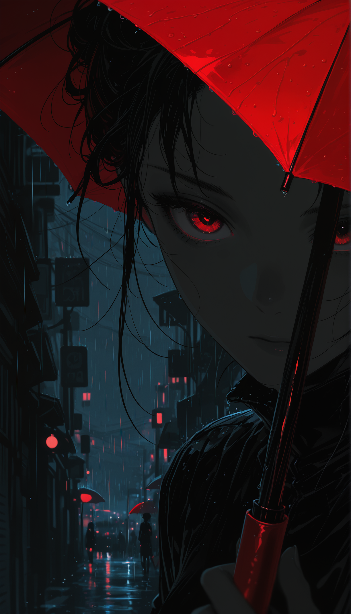 masterpiece, best quality, newest, highres, absurdres,no lineart, no outline, detailed, holding, night, umbrella, spot color, rain, holding umbrella, street, red umbrella, dark theme,limited palette, eye focus,three quarter view,depth of field,scenery