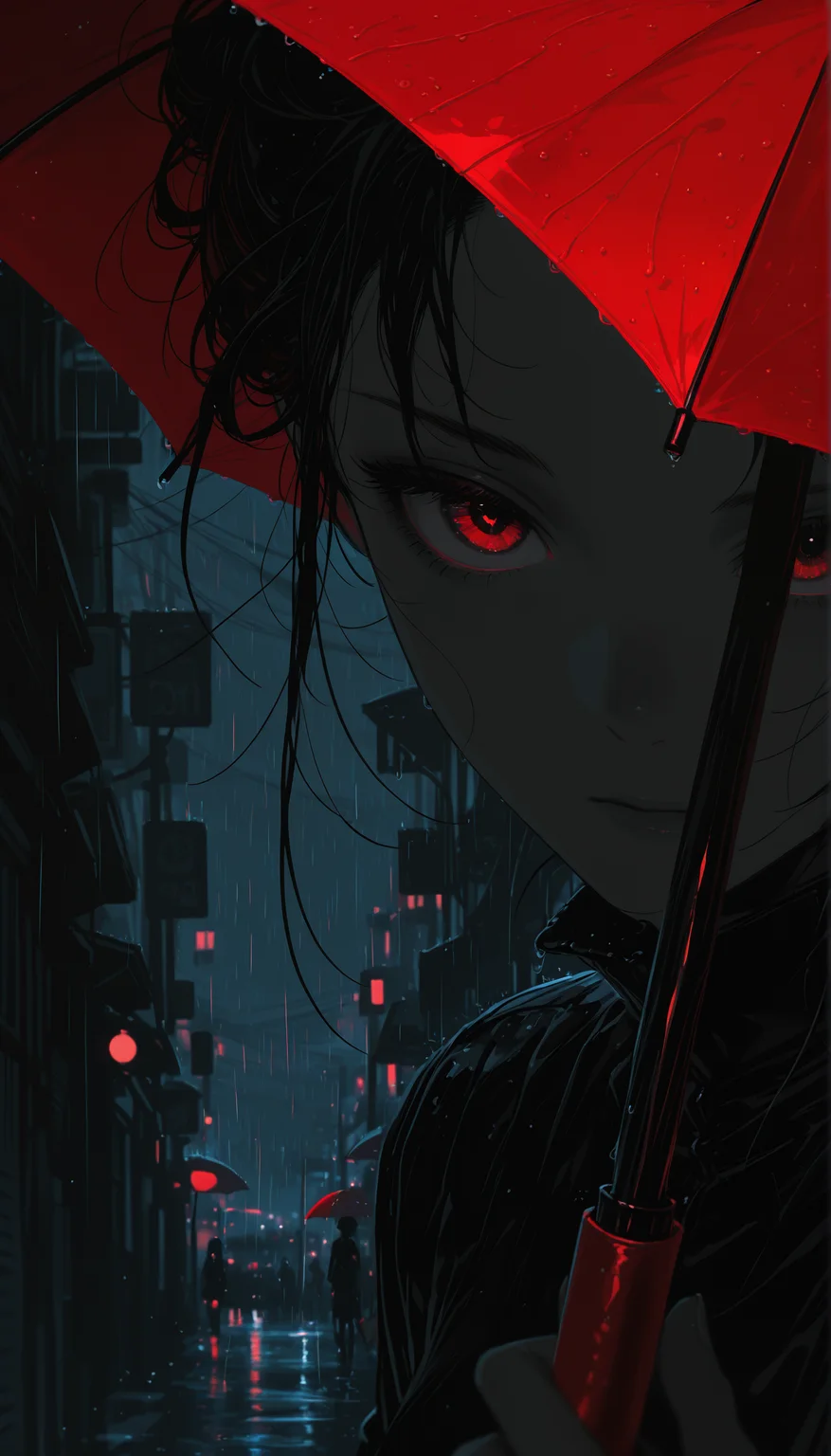 masterpiece, best quality, newest, highres, absurdres,no lineart, no outline, detailed, holding, night, umbrella, spot color, rain, holding umbrella, street, red umbrella, dark theme,limited palette, eye focus,three quarter view,depth of field,scenery