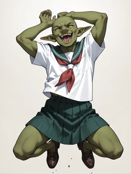 masterpiece,best quality,newest,
1boy,solo,
<lora:gob_ilxl_v1.3:1>,Gob,green skin,bald,
<lora:Fixhands_anime_bdsqlsz_V1:1>,serafuku,green skirt,brown loafers,jumping,dynamic pose,happy,arms up,simple_background,white_background,