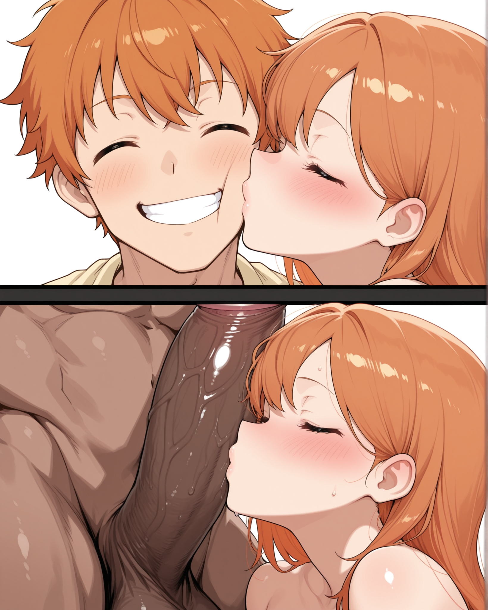 masterpiece, best quality, 1girl, cheek_to_cock, orange hair, closed eyes, split screen, kissing cheek, male grin, hetero, large penis, penis kiss, 2koma, <lora:Split_Screen_Cheek_Kiss_to_Cock_Worship:1>, male blonde hair, dark-skinned male, cheating girlfriend, instant loss, blush, hetero, faceless male,