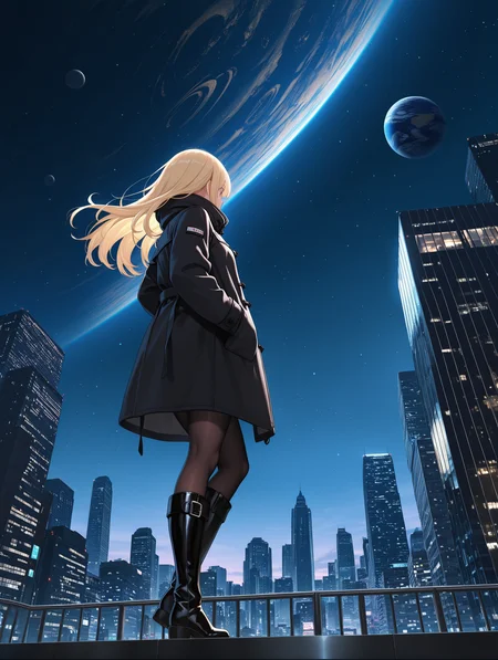 1girl, solo, long hair, city, boots, hands in pockets, coat, blonde hair, sky, planet, night, knee boots, building, star \(sky\), cityscape, pantyhose, standing, skyscraper, from below, black footwear
,masterpiece,best quality,amazing quality,