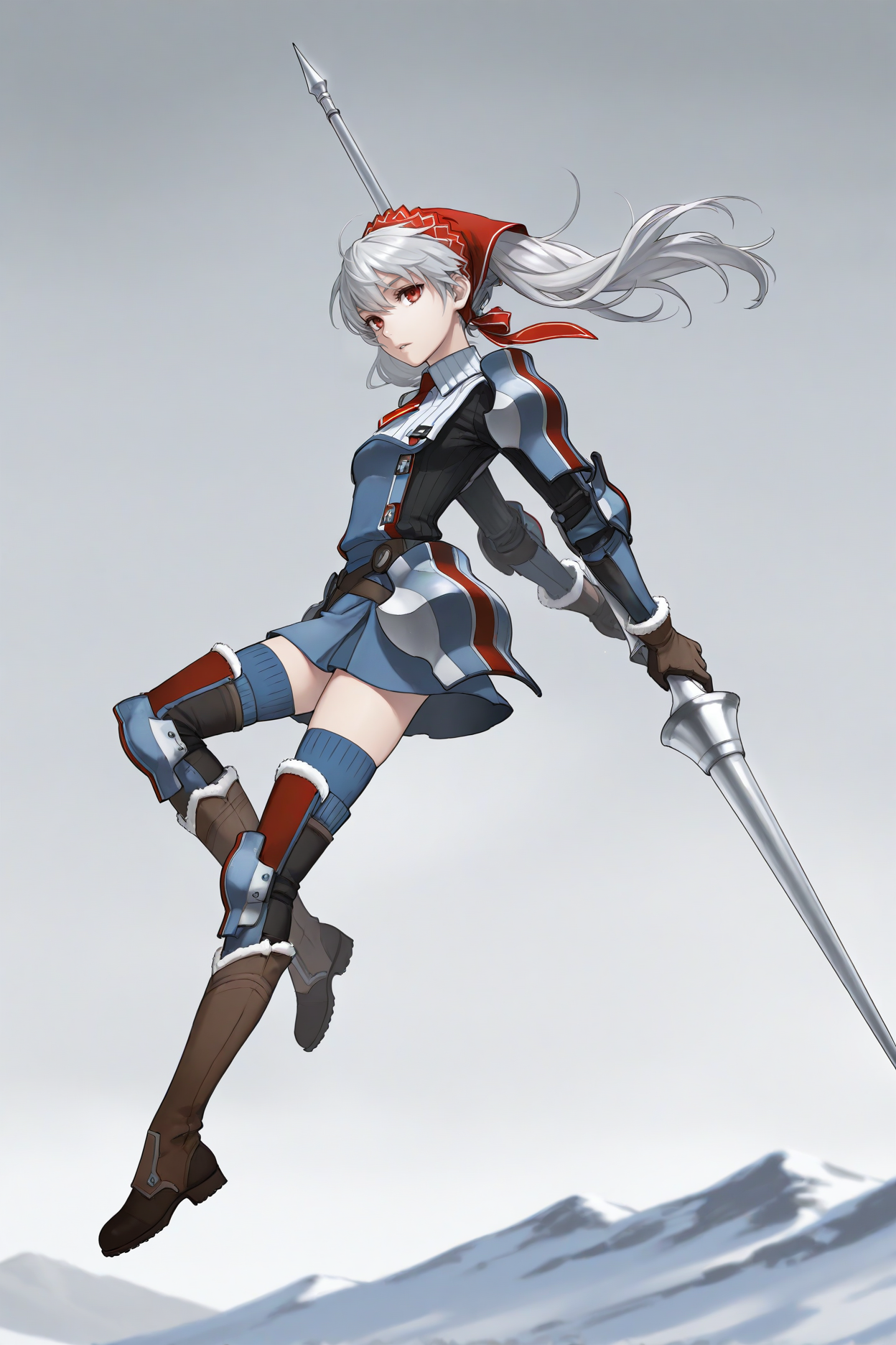 masterpiece, best quality, 1girl, solo, <lora:vcalicia-illu-nvwls-v1-000006:1> vcalc, twintails, silver hair, long hair, red eyes, red headscarf, blue armor, striped armor, shoulder armor, collared shirt, ribbed shirt, red necktie, short necktie, brown gloves, blue skirt, blue thighhighs, red striped thighhighs, brown boots, looking at viewer, from side, wide shot, winter, full body, dynamic pose, midair, holding huge silver lance, parted lips, expressionless, grey sky