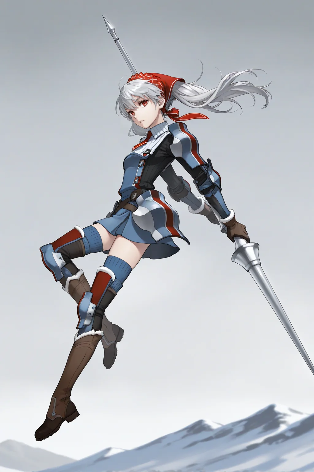 masterpiece, best quality, 1girl, solo, <lora:vcalicia-illu-nvwls-v1-000006:1> vcalc, twintails, silver hair, long hair, red eyes, red headscarf, blue armor, striped armor, shoulder armor, collared shirt, ribbed shirt, red necktie, short necktie, brown gloves, blue skirt, blue thighhighs, red striped thighhighs, brown boots, looking at viewer, from side, wide shot, winter, full body, dynamic pose, midair, holding huge silver lance, parted lips, expressionless, grey sky