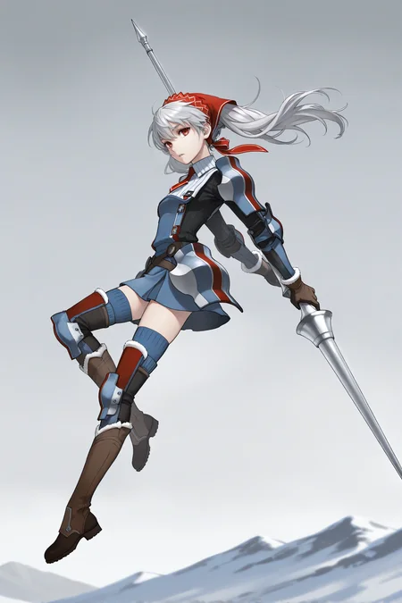 masterpiece, best quality, 1girl, solo, <lora:vcalicia-illu-nvwls-v1-000006:1> vcalc, twintails, silver hair, long hair, red eyes, red headscarf, blue armor, striped armor, shoulder armor, collared shirt, ribbed shirt, red necktie, short necktie, brown gloves, blue skirt, blue thighhighs, red striped thighhighs, brown boots, looking at viewer, from side, wide shot, winter, full body, dynamic pose, midair, holding huge silver lance, parted lips, expressionless, grey sky
