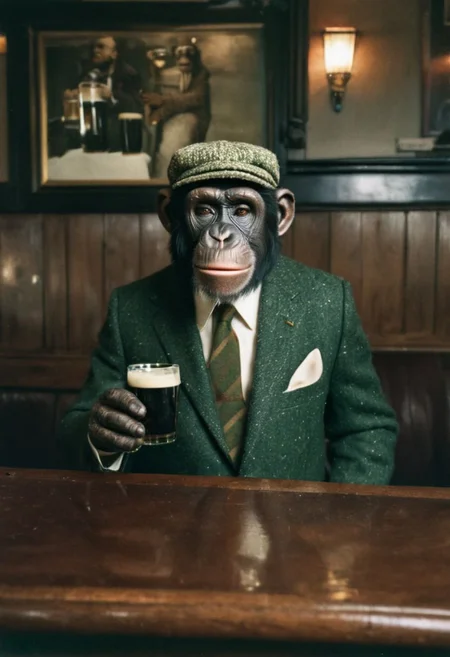 (analog photo) of a chimp wearing a typical Irish tweed suit and an Irish flat cap drinking a pint of Guinness in an Irish pub, looking at the camera, masterpiece, Fine art photography, award winning photography, polaroid film photography