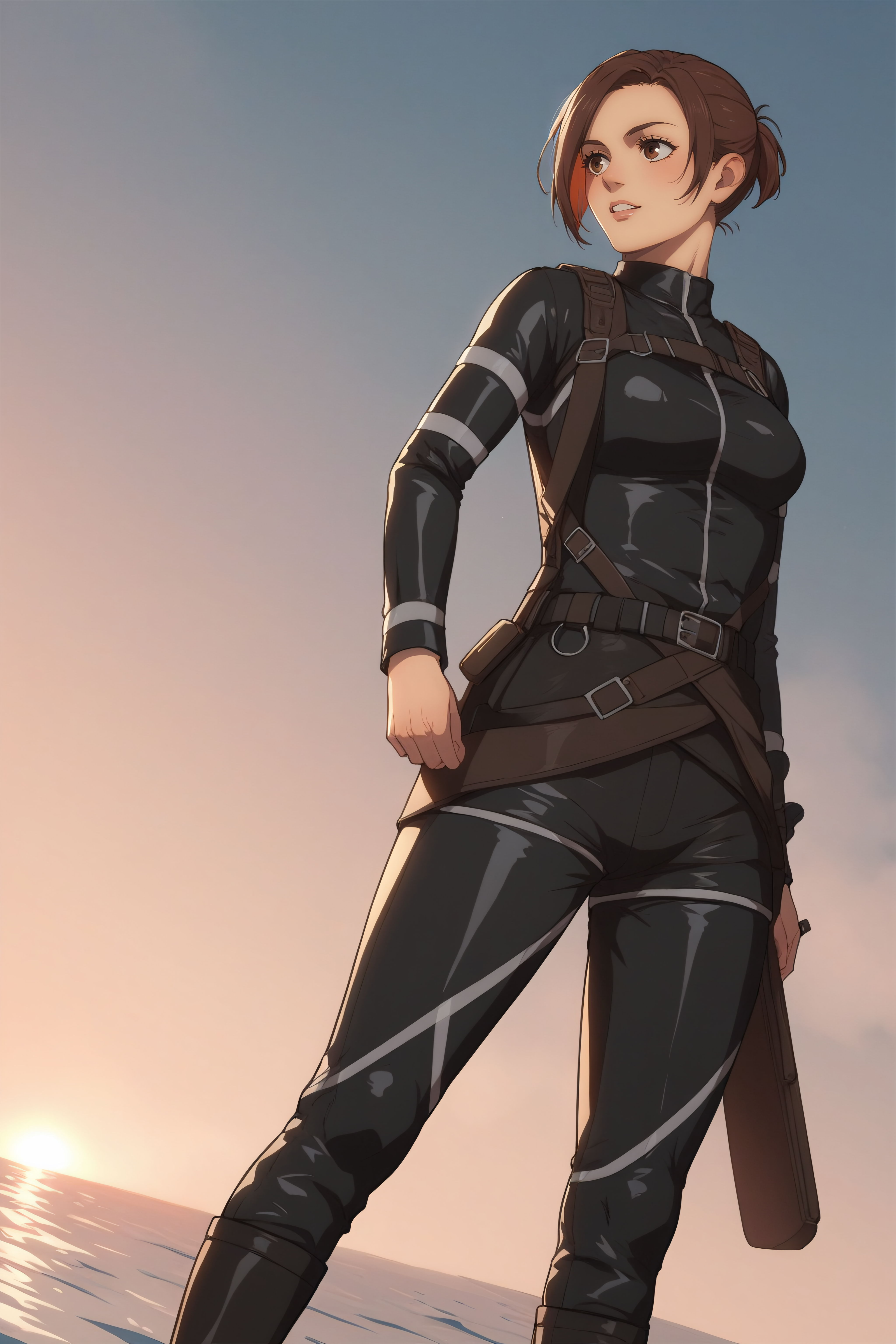 score_9, score_8_up, score_7_up, BREAK source_anime, <lora:Sasha Blouse-PonyXL-lora-Faxtron:0.8> sasha blouse, brown eyes, brown hair, short ponytail, medium breasts, black paradis military uniform, black pants, boots,