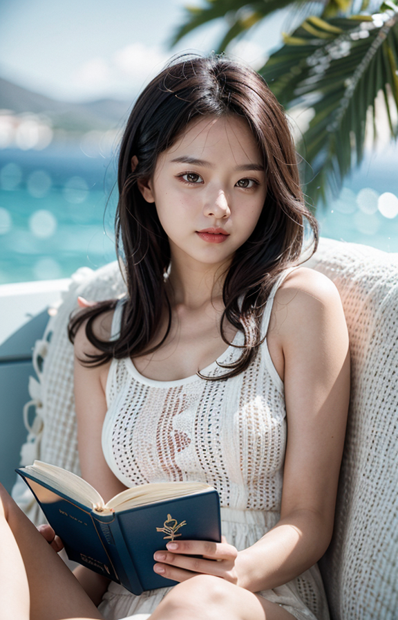 cinematic photo A wonderful life, a relaxed atmosphere,Aegean Sea,sunny,a woman in love,reading books 
<lora:Better_Pose:1>  <lora:fluxenhancer:1> <lora:sparklycism:1>, <lora:Tangbohu_real_style_FLUX_type_A:1>, 35mm photograph, film, (bokeh:1.3), professional, 4k, highly detailed