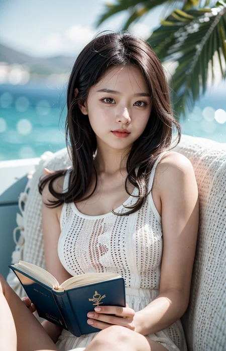 cinematic photo A wonderful life, a relaxed atmosphere,Aegean Sea,sunny,a woman in love,reading books
<lora:Better_Pose:1> <lora:fluxenhancer:1> <lora:sparklycism:1>, <lora:Tangbohu_real_style_FLUX_type_A:1>, 35mm photograph, film, (bokeh:1.3), professional, 4k, highly detailed