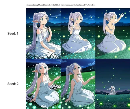 <lora:noobai_ep11_stabilizer_v0.11_fp16:0.8>1girl,frieren,green eyes,white dress,looking up,hand up,fireflies,sitting,field,mountainous horizon,night,