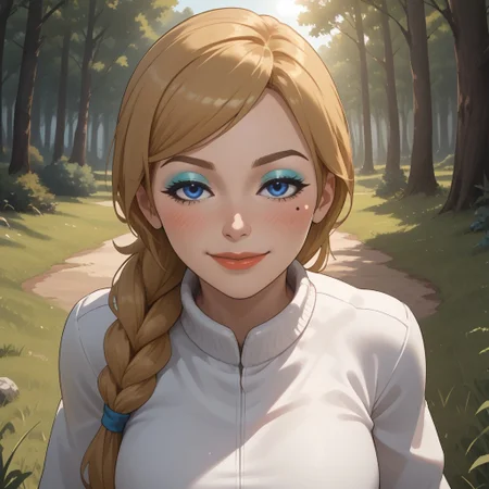 score_9, score_8, BREAK, solo, wii, mii, wii sports, 1girl, female mii, blonde hair, makeup, blush, blue eyeshadow, blue eyes, mole under eye, lips, black clothing, shoes, big breasts, white pants, Alisha_(Wii_Sports), nintendo mii, modern_mii, classic_mii, cute, sexy pose, smile, outdoors, sunlight, shadows, evening lighting, natural lighting, forest, trees, grass, orange sky, sunset