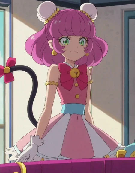 score_9, score_8_up, score_7_up, anime screencap, solo,1girl,mao, smile, white gloves, pink dress, striped skirt,jewelry, earrings, bow, sleeveless, bun cover, black cat tail, tail ornament,<lora:mao:0.8>