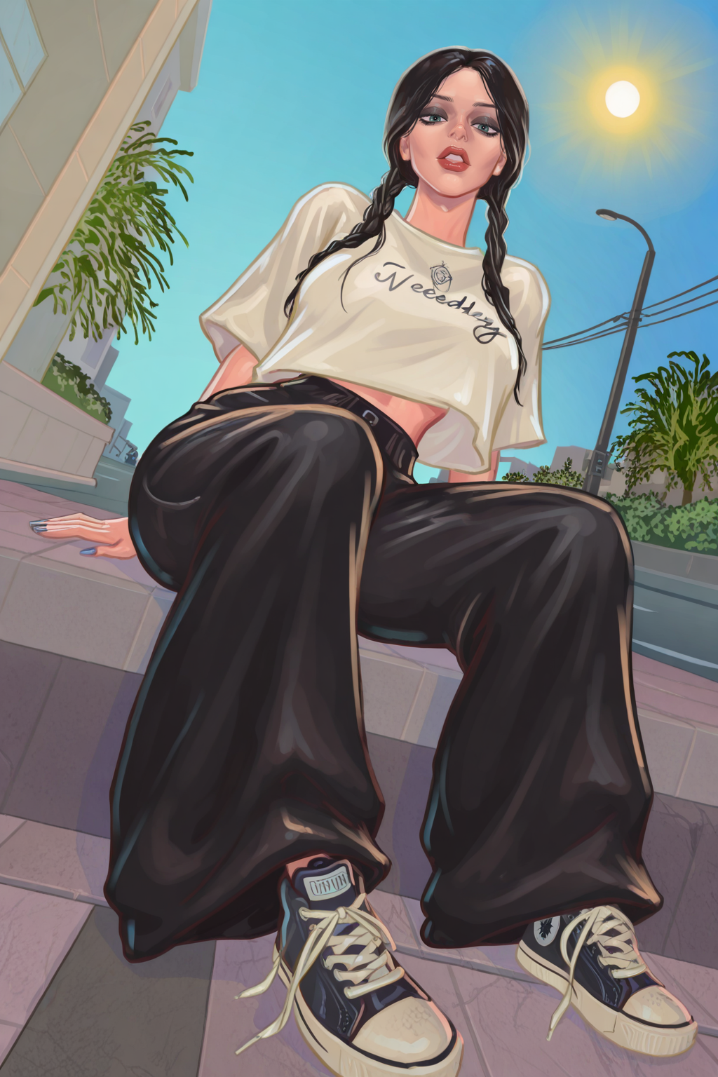 IllusP0s, 1girl, solo, wednesday addams, parted lips, baggy pants, fashion, shirt overhang, sitting on sidewalk, road, from below, nail polish, sneakers, sun, blue sky,  r1y4h, <lora:Riyah_V2:1>, <lora:StS-Illustrious-Detail-Slider-v1.0:3.2>,