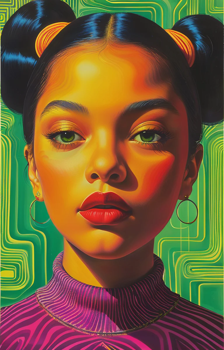 masterpiece,best quality,<lora:tbh332-sdxl:0.6>,illustration,style of Ed Paschke tech genius teenage girl