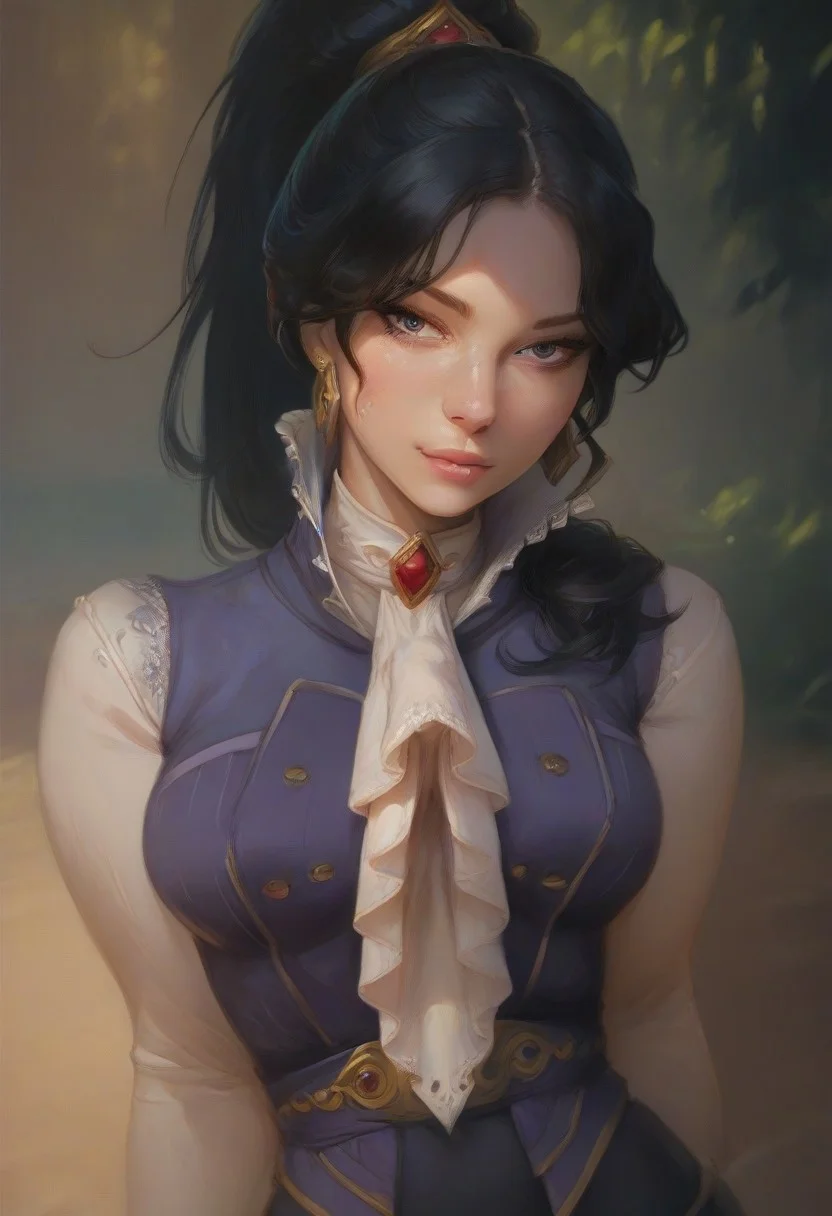 (score_9, score_8_up, score_7_up), score_6_up, best quality, masterpiece, extreme detail, perfect lighting, 4k, 2d, rating_explicit, nsfw, very detailed, best quality, highly detailed texture, depth of field, masterpiece, BREAK, 1girl, ChelXLP, chel, majestic,beautiful bright pupils, black hair, ((ponytail)),green earrings, cute face, (gorgeous face:1.3), (skin detail:1.3), (shadows:1.3), (sweat, steamy, oily, shiny:1.3), ((( black hair, large breasts,perfect body, thick thighs,
high collar, purple vest, white shirt, ascot, long sleeves, black skirt, black pantyhose,
fantasy, solo focus,epic, concept art, realistic, highly detailed, upper body, looking at viewer ))), looking at the viewer, detailed, intricate details, realistic,((( top view))), tan skin,cowboy shot,csr style,g4n1m3,Sculpted grace