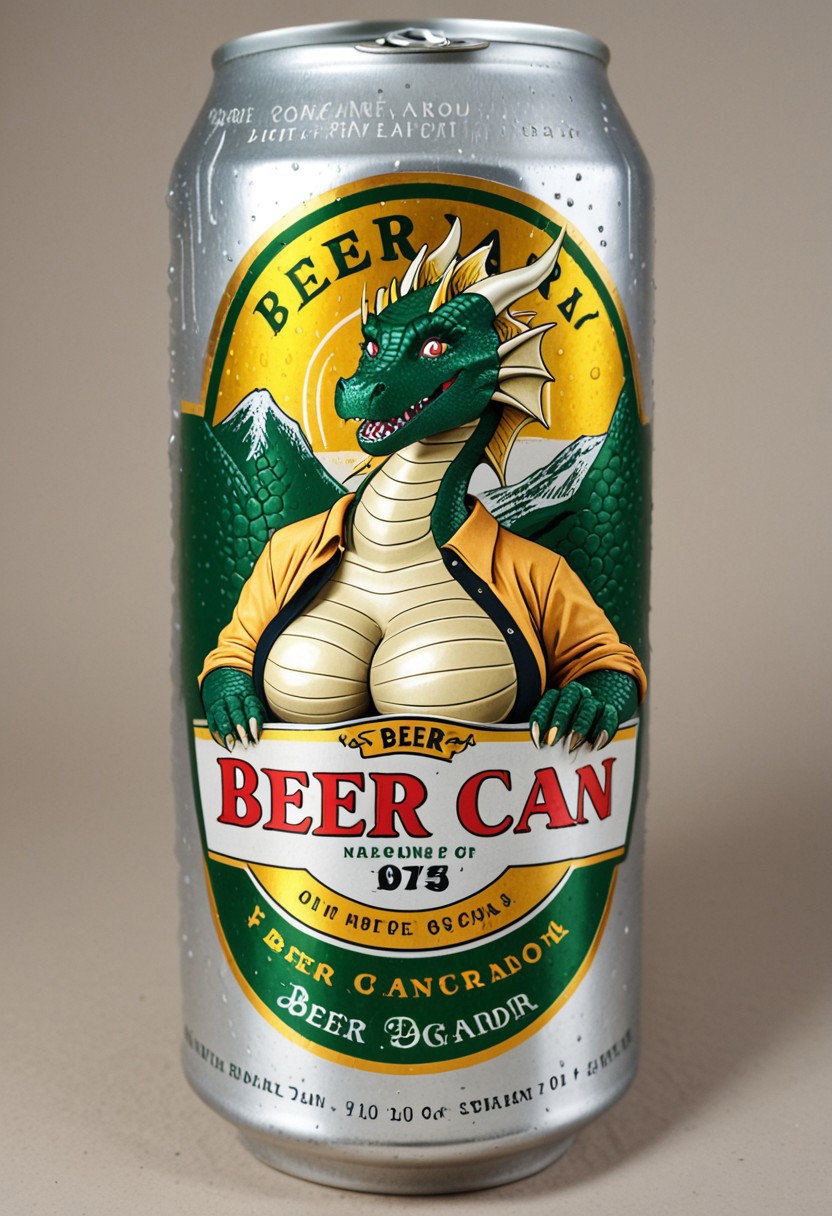 beerlabel, source_furry, beer can, 1girl, mature dragon, large breasts, solo