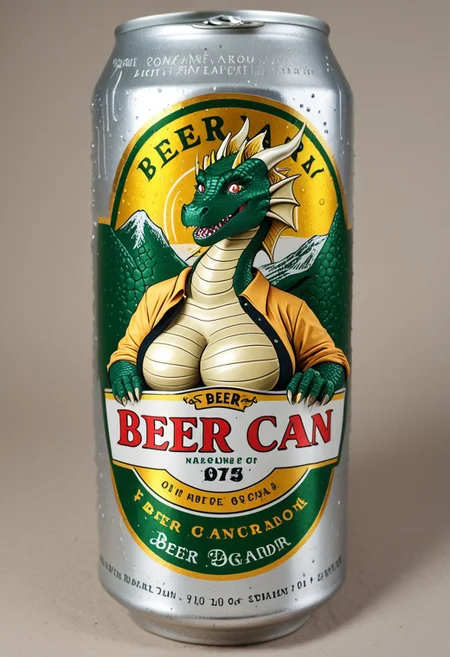 beerlabel, source_furry, beer can, 1girl, mature dragon, large breasts, solo