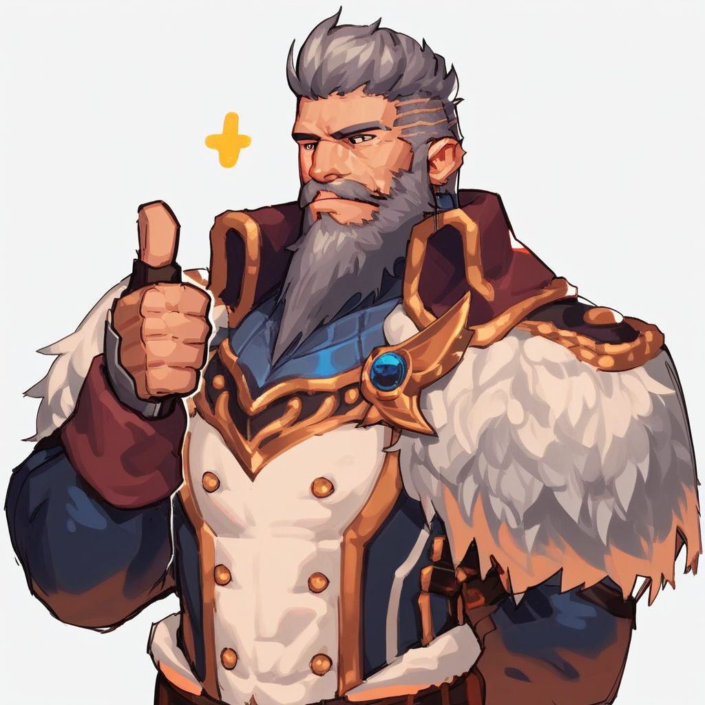 Score_7_up, score_8_up, upper body, solo male, galleus, mature male, grey hair, facial hair, armor, (thumbs up), simple background,