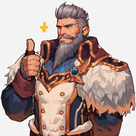 Score_7_up, score_8_up, upper body, solo male, galleus, mature male, grey hair, facial hair, armor, (thumbs up), simple background,