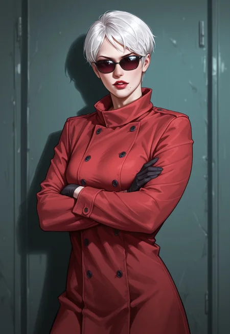 masterpiece, best quality, detailed, realistic, cowboy shot, parted lips, 1girl, Strangelove, short hair, white hair, sunglasses, lipstick, red coat, gloves, mole under mouth, crossed arms,