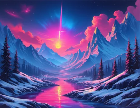 synthwave-galaxy,masterpiece, professional artwork,landscape painting of alps, snowy mountains in the background, ,<lora:Synthwave_Galaxy:.8>