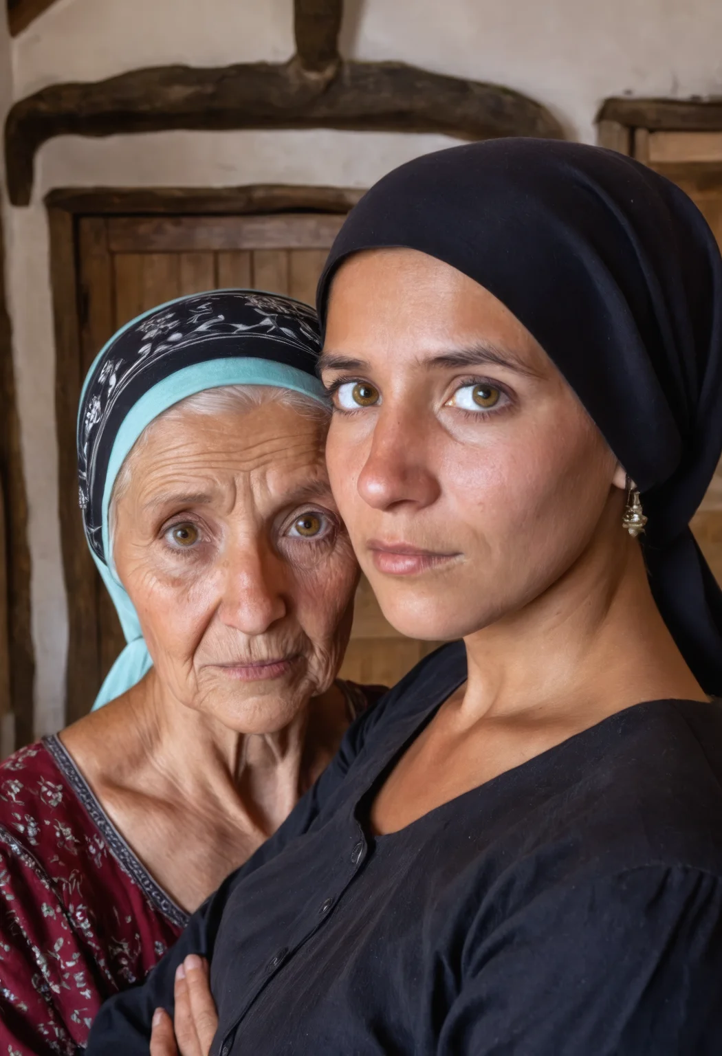(raw photo), (peasant) older woman and young woman, lined up, (detailed facial features, detailed eyes), (blouse, long sleeves:1.2), headscarf, (village house interior), short haircut, (village:1.2)