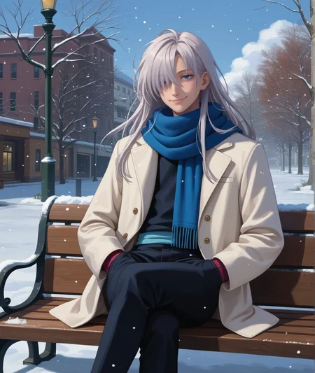 score_9, score_8, score_7, score_6_up, source_anime, outdoors, snow, snowing, park,
BREAK
1boy, hxhkite, skinny, androgynous, white hair, grey hair, very long hair, hair over one eye, blue scarf, black scarf, coat, white coat, scarf over mouth, black pants, messy hair, jitome, smile, sideways glance, sitting, bench, crossed legs, hands in pockets, ,
<lora:hxhkite-ravenfoot-v1final:0.8>