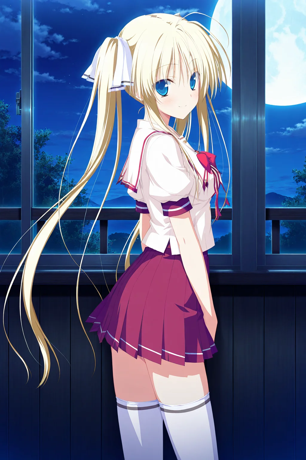 masterpiece,best quality,good quality,rating safe,memoriakomomo, hisakaki_komomo, 1girl, solo, twintails, long hair, blue eyes, blonde hair, school uniform, thighhighs, white thighhighs, zettai ryouiki,game cg,moonlight,ourdoor,standing,looking at view,from side,smile,