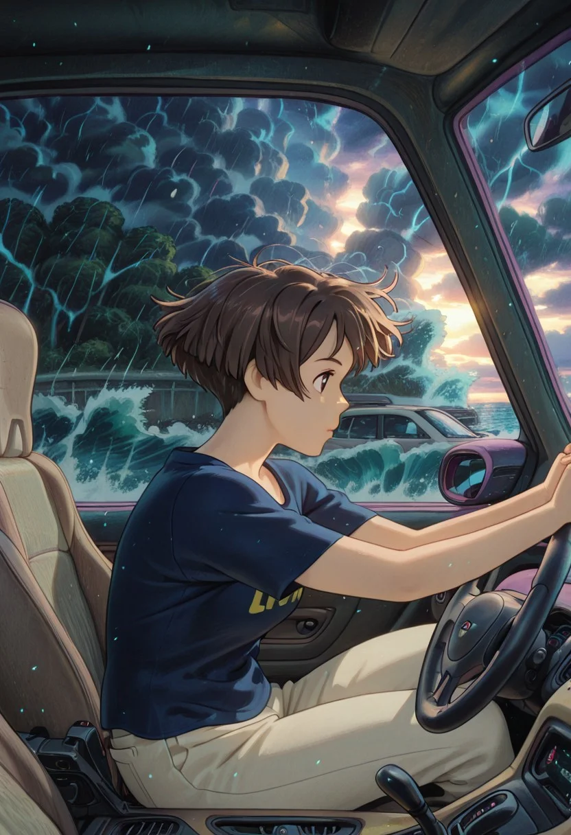 1girl, solo, masterpiece, best quality, newest, absurdres, CG, anime, source anime, illustration, very aesthetic, high resolution, ultra-detailed, newest, scenery, medium depth of field, rule of thirds, masterpiece-level, clean lines, sharp, focused subject
BREAK 1girl, solo, mm,mature female,brown hair,short hair,brown eyes,anime coloring
shirt,pants,
dynamic posing, dr1v3, car interior, steering wheel, driving, sitting
indoors, inside car, storm background, huge waves, tsunami, cloudy
cinematic angle, various angles, detailed background, beautiful background, (rays light:1.0),(grow:1.0), light particles
