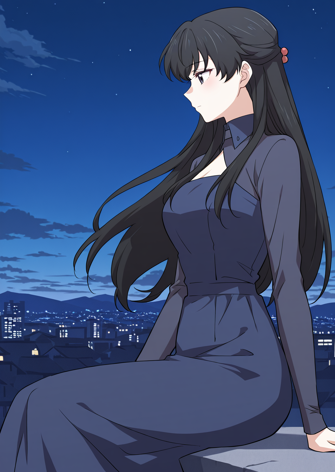 <lora:Immortal_Swordsman_In_The_Reverse_World__Jiang_Lian:1>
1 girl, solo,long black hair, straight hair, bangs, hair bun, black eyes,
dark blue dress, long sleeves, high collar, triangular cutout, modest dress, feminine outfit, waist-length dress, fitted top, simple design,
score_9, score_8_up, score_7_up, score_6_up, source_anime, masterpiece, best quality, absurdres, highres, newest, anime coloring <break>  1girl, solo, sitting, on wall, from side, town, night sky, cloud, city