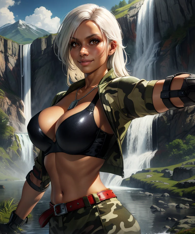 Vannesa,white hair,brown eyes,
dog tags,elbow pads,open camouflaged jacket,midriff,camouflage pants,black bra,fingerless gloves,cleavage,sleeves rolled up,
toned,upper body,smiling,red belt,
waterfall,high mountain,stone floor,clouds,
(insanely detailed, beautiful detailed face, masterpiece, best quality),<lora:Vannesa-11VFv8:0.8>,