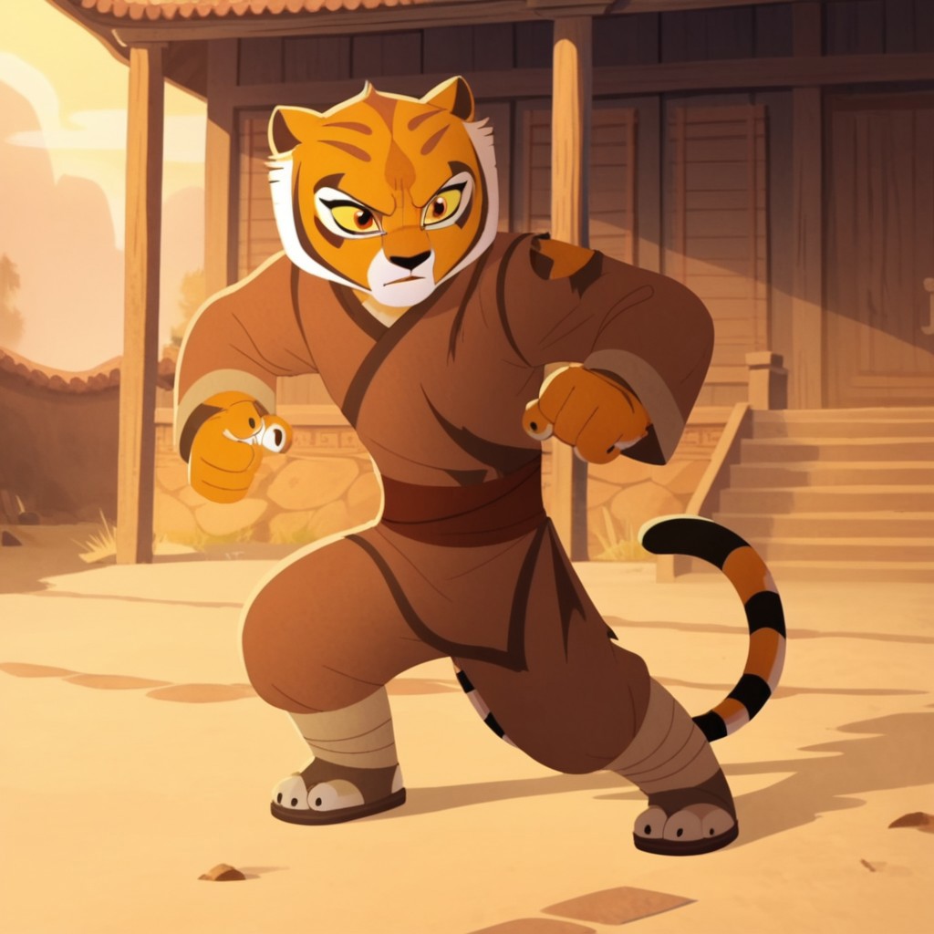 score_9, score_8_up, score_7_up, score_6_up, score_5_up, score_4_up, source_furry, tigresskfpv2, anthro, female, tiger, orange fur,  barefoot,  outside,  solo, 1girl, yellow sclera, orange eyes, brown shirt, long sleeves, colored sclera, leg wraps, sandals, fighting stance, torn sleeve, torn clothes, holes in clothes