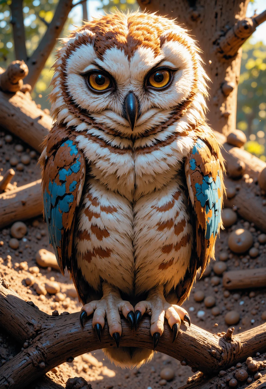 This exquisite image captures the mesmerizing gaze of a majestic Burrowing Owl (Athene cunicularia) perched on a gnarled branch. The camera's perspective is from directly below, showcasing the owl's striking features in stunning detail. Soft, warm light illuminates the scene, casting a gentle glow on the owl's feathers.  The owl's head is a masterpiece of texture and color. Its snow-white face is adorned with a distinctive black spot pattern, while its throat and chest display a vibrant orange-brown hue, gradating into a soft, creamy white on its belly. The wings, folded against its body, feature a striking blue sheen, with intricate orange and black markings that resemble a delicate, hand-painted design.  The owl's eyes, a piercing shade of blue, seem to hold a deep wisdom, as if gazing into the soul of the viewer. Its beak, a sharp, black hook, curves upwards in a gentle, enigmatic smile. The owl's claws, long and curved, grasp the branch with a delicate, almost human-like precision.  The branch itself, a twisted, brown twig, serves as a sturdy perch for the owl's majestic form. The background, a soft blur of green and brown, recedes into the distance, allowing the owl to take center stage in this captivating image. The photographer's skillful use of light and composition creates a sense of intimacy and connection with the subject, drawing the viewer into the owl's tranquil<lora:CustomFlux/MysticComic.safetensors:1.0:1.0>