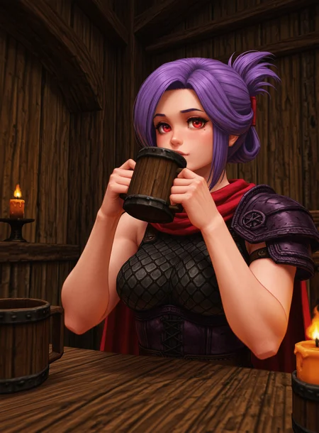 kingpin, realistic, masterpiece, best quality, amazing quality, very aesthetic, absurdres, sfw, n0m0, digital art, (sabia:1.2), (sitting:1.2), (drinking:1.2), (tankard:1.2), tavern, wooden_table, fantasy_interior, warm_lighting, cozy_atmosphere, solo, 1girl, close-up shot, view from aside, relaxed_pose, purple_hair, folded_ponytail, red_eyes, cape, armor, single_shoulder_armor, single_bare_shoulder, clothed, large_breasts, human, looking_at_viewer, closed_mouth, omar_dogan, wooden_mug, rustic_setting, candlelight, <lora:Kingpin_-_Life_of_Crime_Style_E17_DIM16_ILXL_V1.2:1>. <lora:dmd2_sdxl_4step_lora:1>, <lora:KOD_dtv5r__for_Illustrious_v0.1__Adafactor:0.35>