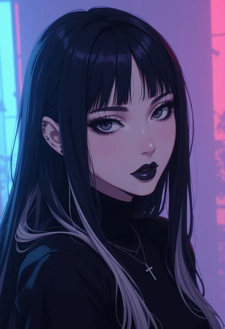 (8k resolution, absolute masterpiece, ultra detailed, best quality, masterpiece, colorful, highest detailed), (intricate details), (hyper-realistic), (dynamic angle), 1 girl, 20yrs old japanese girl, goth girl, solo, long black hair with white highlights, slit pupils, closeup, face focus, closed lips, black lipstick, makeup, dark eye shadow, coloured background, wearing a skin-tight black turtle neck, foggy, cool tones, looking past the camera, posing, cross necklace, pierced ears, multiple ear piercings