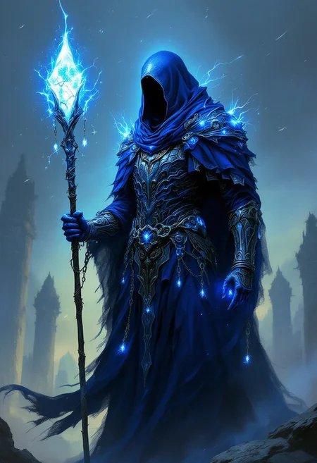 A graffitipunk digital shot of a silent, towering figure in an intricate twilight robe of indigo and silver. Their helmet radiates an eerie, cold light, illuminating their hollow, visorless gaze. In one hand, they wield a staff tipped with a fragment of broken starlight, humming with unseen energy. Ethereal chains spiral from their armor, shackling glowing symbols of lost souls. This Voidkeeper watches over the line between worlds, neither fully of life nor of death. Shadows coil around them like whispering spirits, merging into the dimming sky beyond. The background blurs into haunting twilight ruins, relics of worlds swallowed by the void.