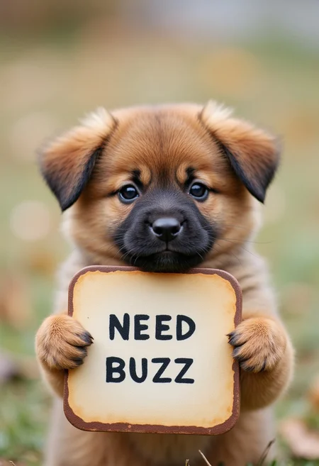 a cute little puppy holds a sign with the text “NEED BUZZ” on it. Puppy dog eyes, pouty