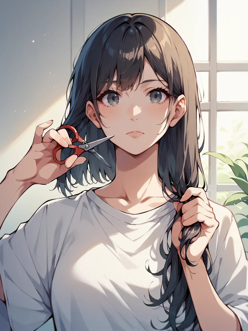 score_9, score_8_up, score_7_up, score_6_up, <lora:cuth41r2:1> cutting hair, cuth41r, haircut, cut off hair, cutting hair, holding hair, holding scissors, 1girl, long hair,