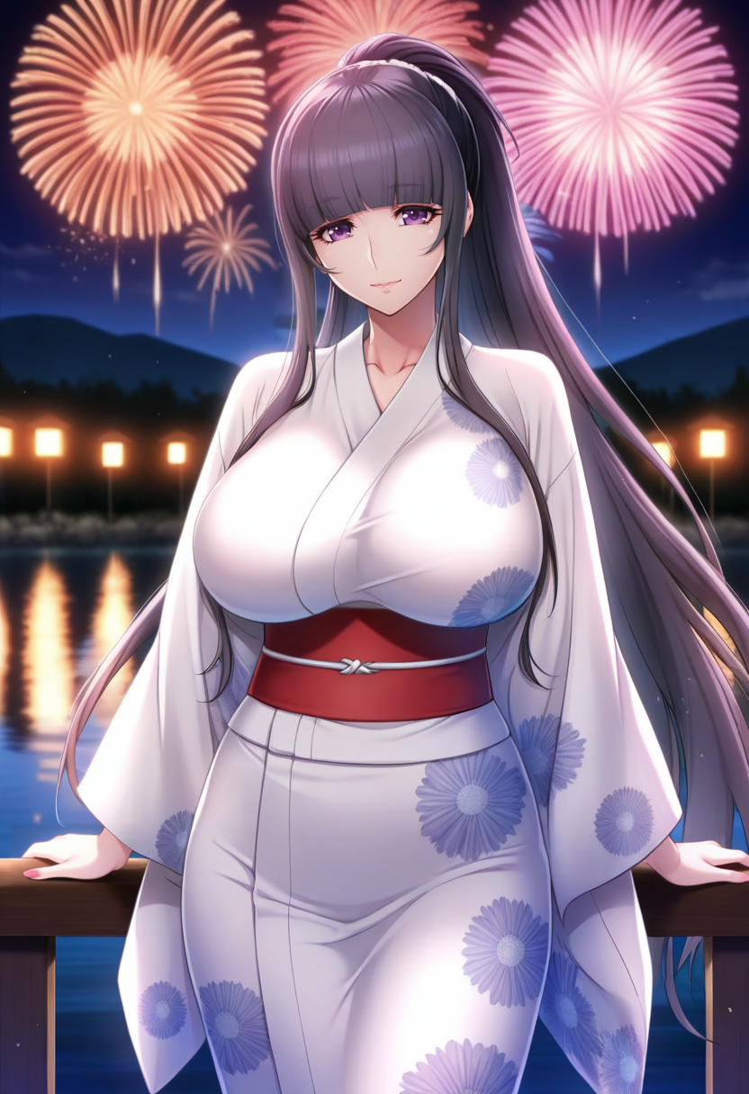 masterpiece, best quality, amazing quality,tomoe tajika, purple eyes, black hair, mature female, long hair,blunt bangs, ponytail, 1girl, breasts, solo,huge breasts,japanese clothes, yukata,white kimono,light smile, standing, looking at viewer, cowboy shot, outdoors, lake, aerial fireworks, night, blurry background <lora:tomoe tajikaV1:0.9>