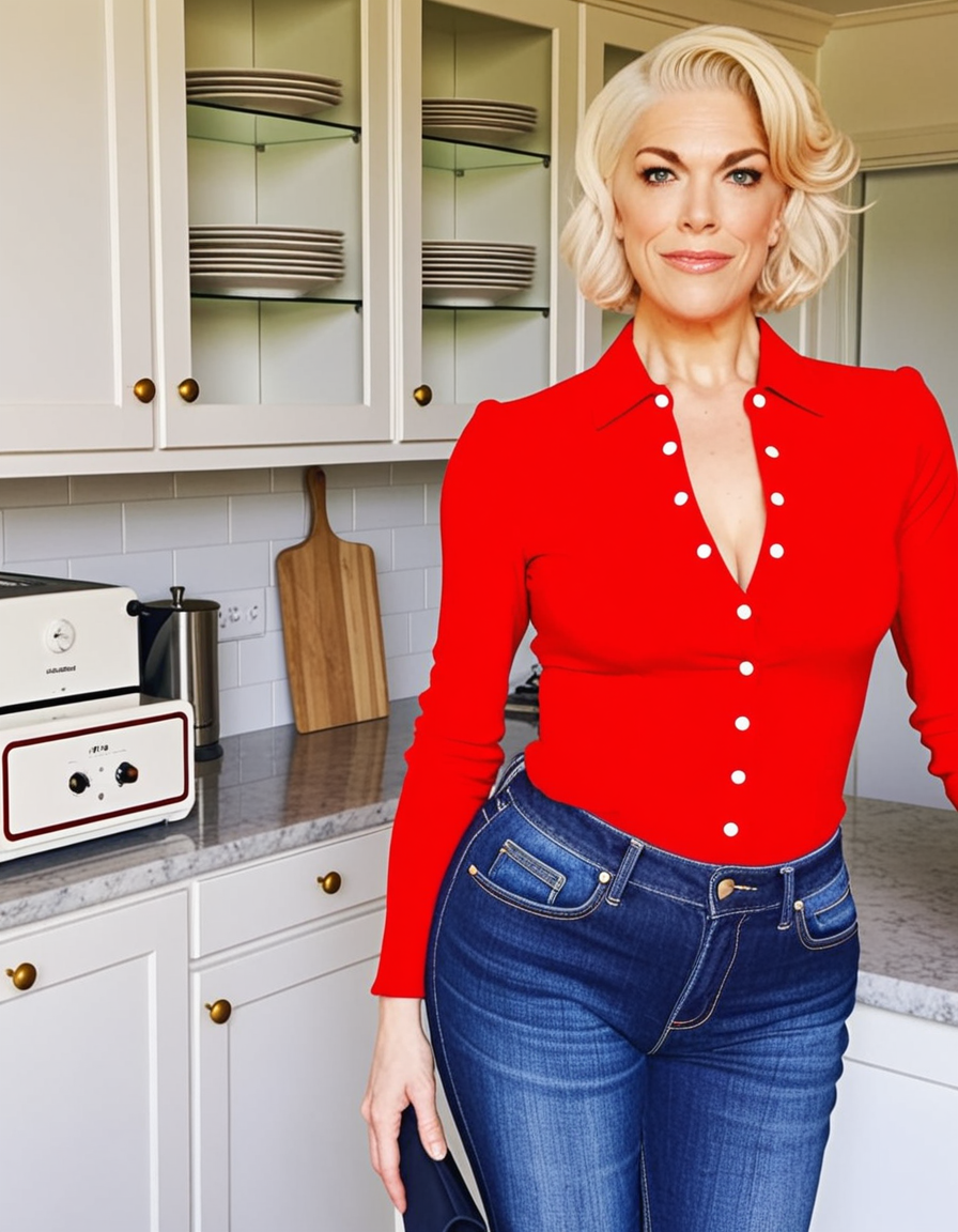 HannahWaddingham, waved bob hairstyle, stylish blouse, sharp nose, cheekbones, jeans, full lips, jeans, boots, standing in kitchen,  <lora:dmd2_sdxl_4step_lora_fp16:1> <lora:hannah_waddingham:1>