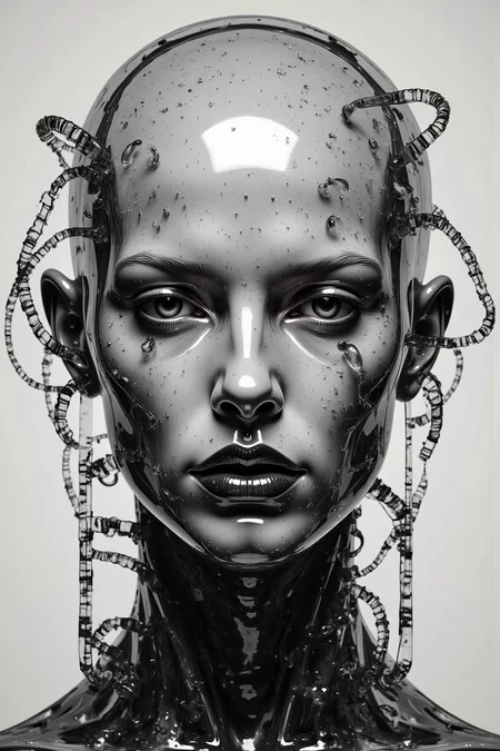 Acrylic, Translucent style, Sepia, granularity, terrible environment. Biopunk "Complete growth" (scientific and fantastic "black-and-white gloss, a clear threatening expressive look), a Gothic portrait of horrors, inspired by Francis Bacon, a rough emotional style, a distorted figure, bold disturbing colors, abstract forms, abstract forms, abstract forms, abstract forms, abstract forms A terrible atmosphere (face details: 1.05), hyperrealistic, photorealistic, obsidian skin, ultra deterioration.