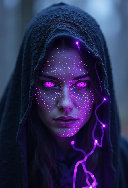 A symmetric portrait of a female, evil cursed necromancer, features dissolving into curse magic thin, luminescent purple lines. Weighted Voronoi stippling and laser caustics create a network, transitioning from hyperrealistic detail to abstract, quantum-inspired forms. Ethereal hues blend, evoking existential transition and mystery. Close-up on face, evil skull partially visible. Set against a twilight cursed backdrop, toxic winds ripple through his tattered robes. Rendered in a fusion of photorealism and digital surrealism, the scene is illuminated by ghostly Northern Lights. Emphasis on darkness, menacing atmosphere, invoking Nordic myths