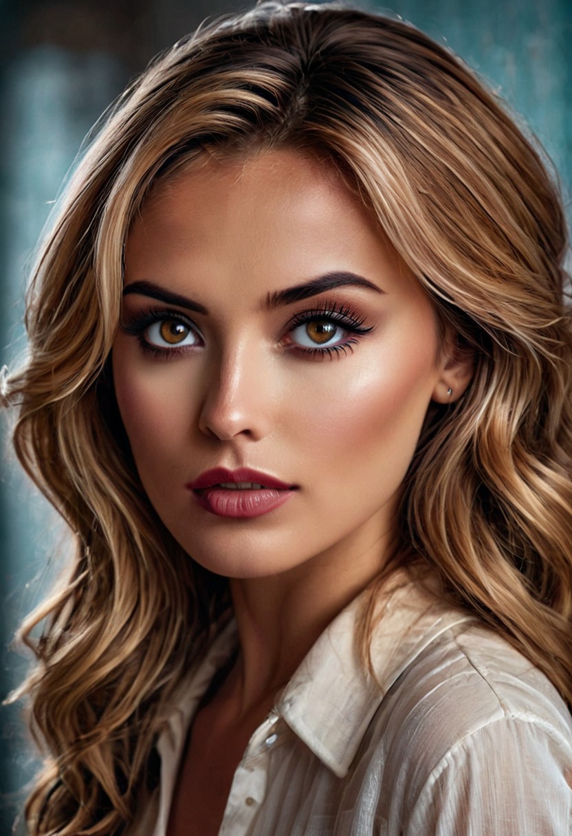 4n4Ch484n-r, woman, solo, (hyper-realistic image, high resolution, extreme detail, 64k), reddish-blonde hair, detailed hair, long wavy hair, captivating brown eyes, detailed eyes, detailed eyelashes, medium breasts, cleavage, breasts, depth of field, fcNeg, gorgeous lips, cinematic, (masterpiece), (best quality), (ultra-detailed), detailed face, hires textures, high detail:1.2), 
4n4Ch484n-r, a sultry, seductive portrait of a bombshell, with piercing eyes and a vacant, yet alluring expression, leaning forward to reveal her cleavage, set against a soft, gradient backdrop that evokes the glamorous, sophisticated atmosphere of a 1950s Hollywood pin-up, inspired by the iconic, provocative works of artist Alberto Vargas