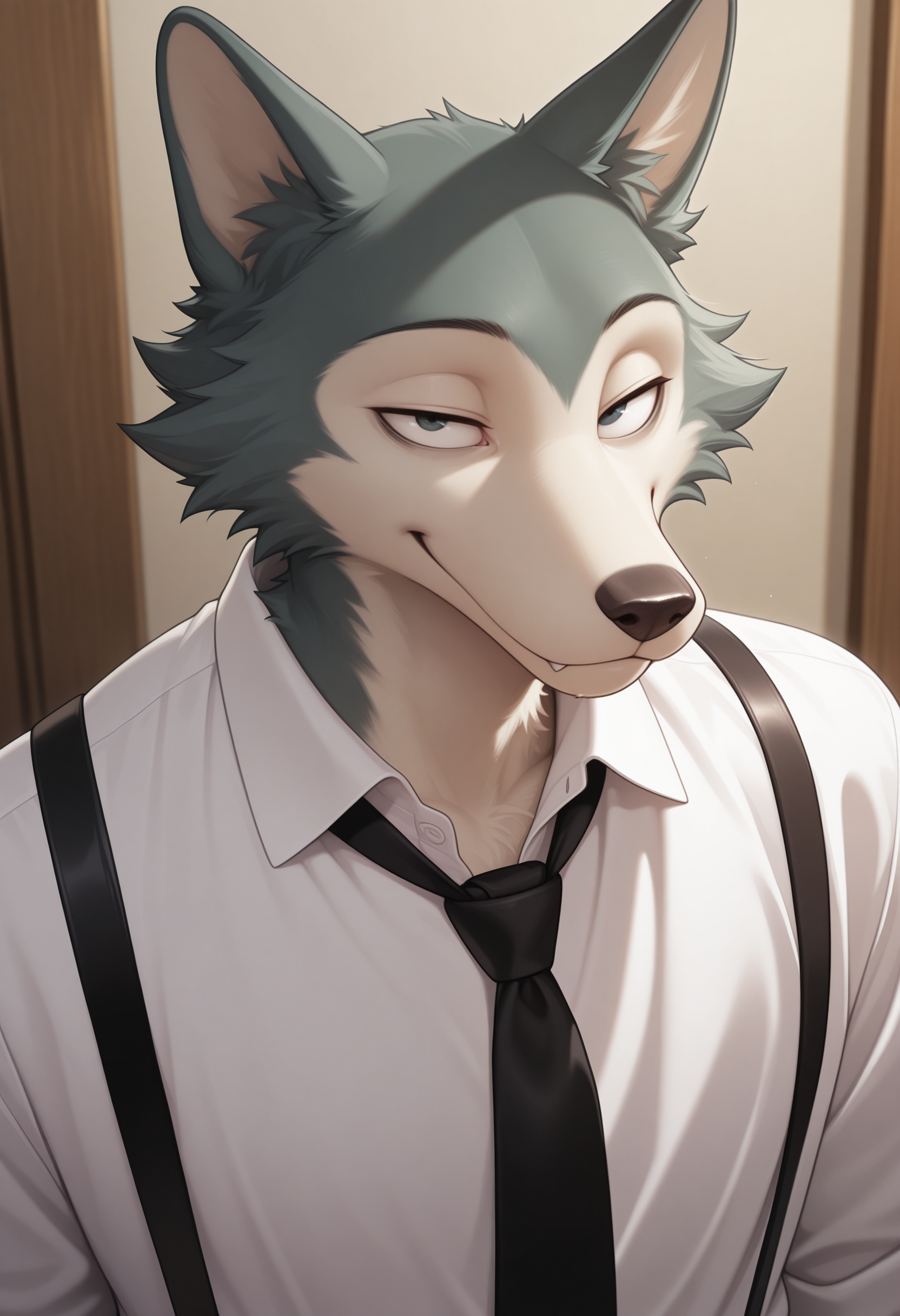 masterpiece, best quality, amazing quality, solo, 1boy, LegoshiBS, Suspenders, black necktie, white shirt, close-up, smile