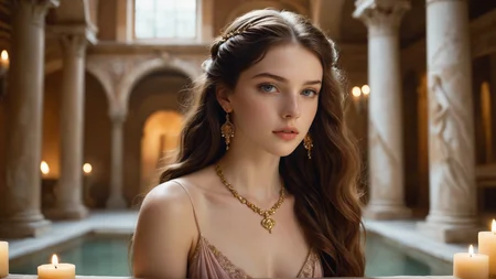 A young woman with long, styled hair stands in an elegant setting inspired by an ancient roman bathhouse. She wears a delicate gown adorned with a subtle floral color scheme, with soft shades of pink, lavender, and cream blending seamlessly into the fabric. Elegant jewelry, including a delicate necklace and earrings, adds a touch of refinement. Her hands gracefully play with her hair, adding a soft, feminine touch to her demeanor.
The background is rich with architectural details typical of a grand roman bathhouse, including marble floors, intricate columns, painted walls, and fountains. The room is dimly lit by the warm glow of candles, which cast dramatic shadows across the space, enhancing the mysterious atmosphere. Soft rose petals gently fall around her, adding a romantic and slightly melancholic touch to the scene. The overall mood is one of ethereal beauty, mystery, and romance. (luc14nn4, freckles on her nose, long hair, brown hair, expressive blue eyes, soft pale skin.), 35mm photograph, film, professional, 4k, highly detailed dynamic lighting, photorealistic, 8k, raw, rich, intricate details.