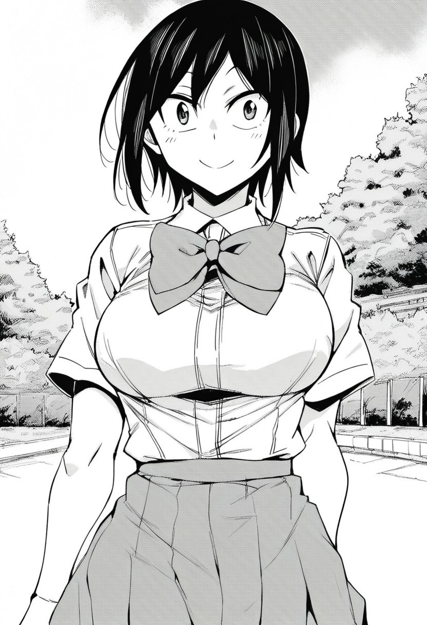 score_9, 1girl, solo, h1t0miMT, black hair, short hair, school uniform, white shirt, short sleeves, bow, skirt, looking at viewer, smile, large breasts, cowboy shot, outdoors, manga, monochrome
