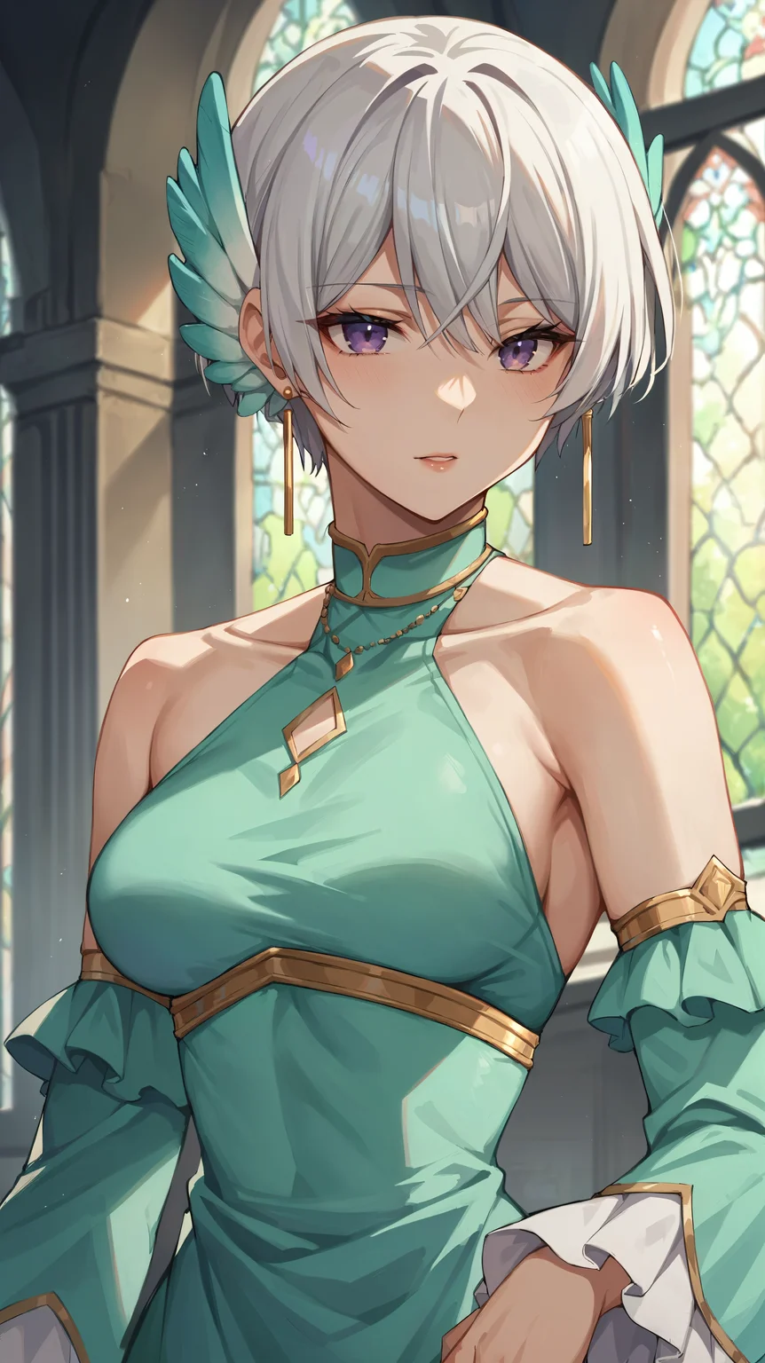 score_9,score_8_up,score_7_up,score_6_up, source_anime, zPDXL, <lora:xl_more_art-full_v1:0.5>, woman, dynamic pose, getting dressed, <lora:Lily Front Gritonia - Pony-000004:0.8>, short hair, white hair, purple eyes, head wings, teal dress, halterneck, castle interior, detached sleeves,