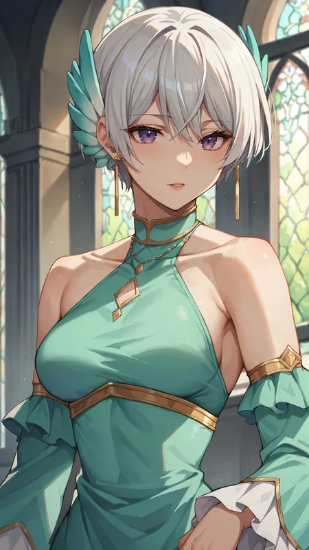 score_9,score_8_up,score_7_up,score_6_up, source_anime, zPDXL, <lora:xl_more_art-full_v1:0.5>, woman, dynamic pose, getting dressed, <lora:Lily Front Gritonia - Pony-000004:0.8>, short hair, white hair, purple eyes, head wings, teal dress, halterneck, castle interior, detached sleeves,