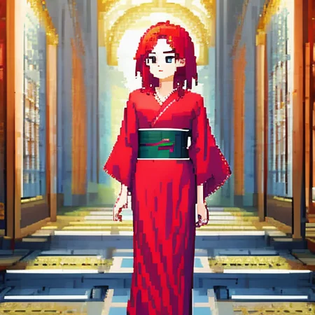 a girl in a red kimono