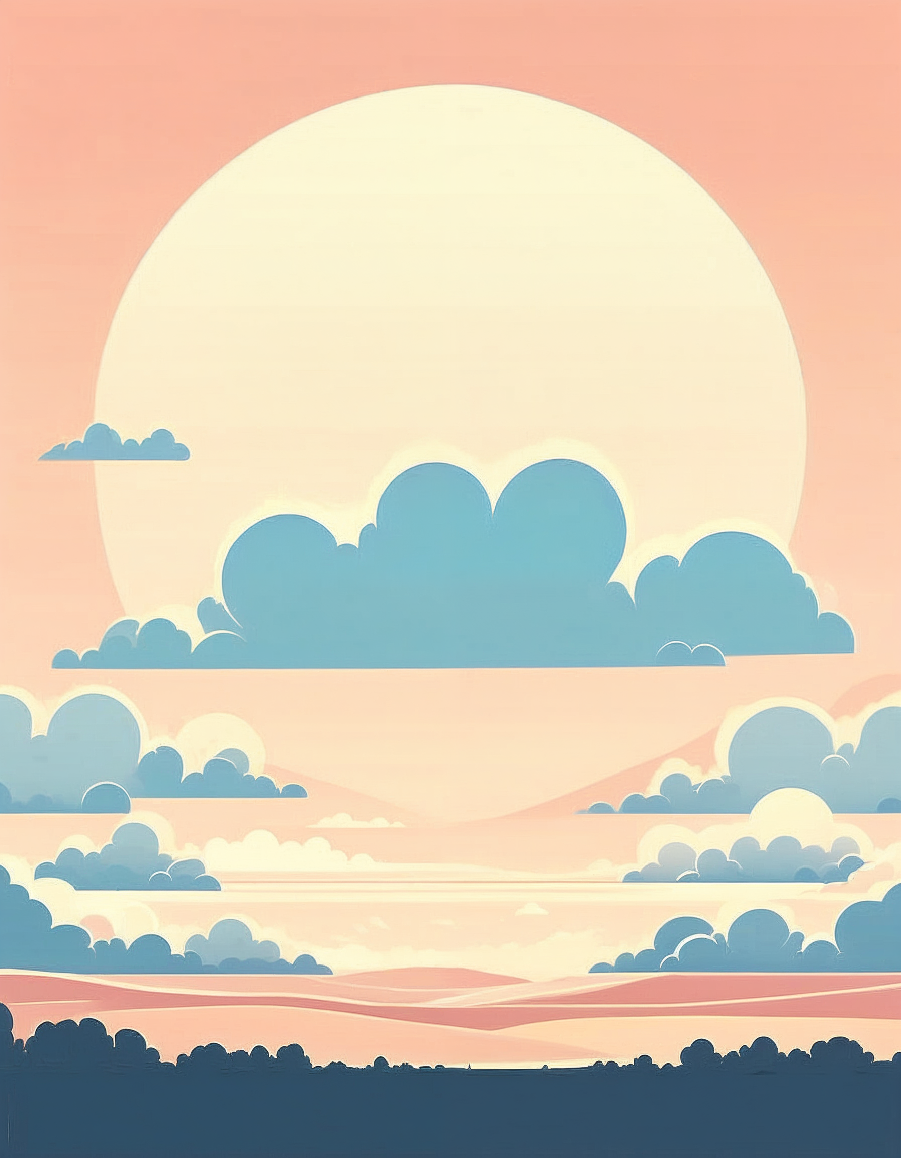 minimalistic, flat color, no lineart, vast flat landscape, gigantic clouds, simple bright background