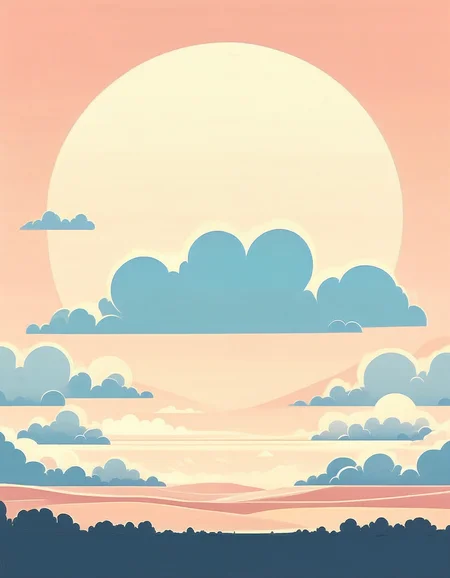 minimalistic, flat color, no lineart, vast flat landscape, gigantic clouds, simple bright background